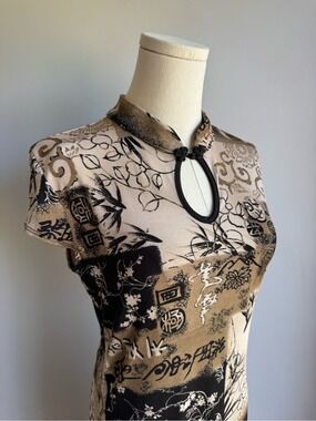 Y2K Asian Inspired Mandarin Collar Keyhole Cocktail Dress Brown Black Large